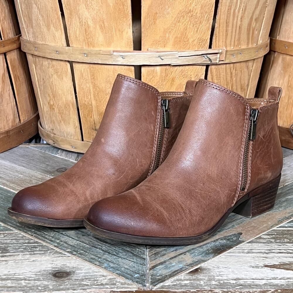 Lucky Brand Basel Tan Brown Leather Double Zip Ankle Boots Womens Size 7.5 - Picture 3 of 12